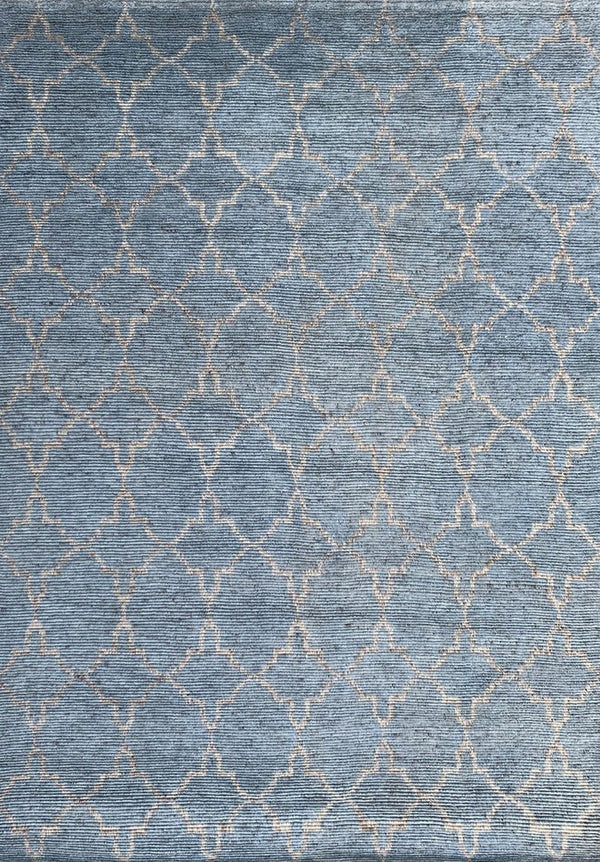 Hand Knotted Wool BLUE / SILVER Contemporary Tiled Agra Rug, Made in India