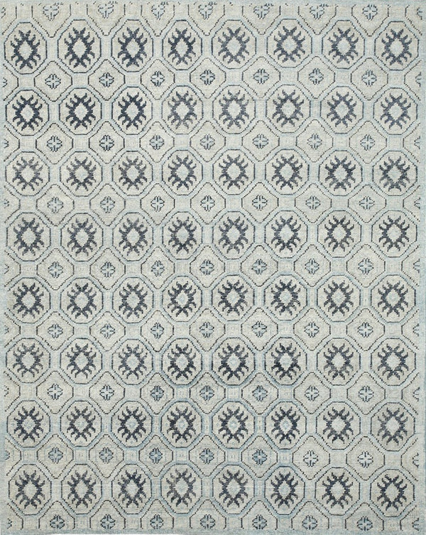 Hand Knotted Viscose Blue Transitional Geometric Kotan Rug, Made in India