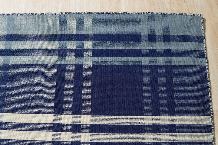 Hand-Woven Wool Blue Modern Plaid A blue plaid   Rug