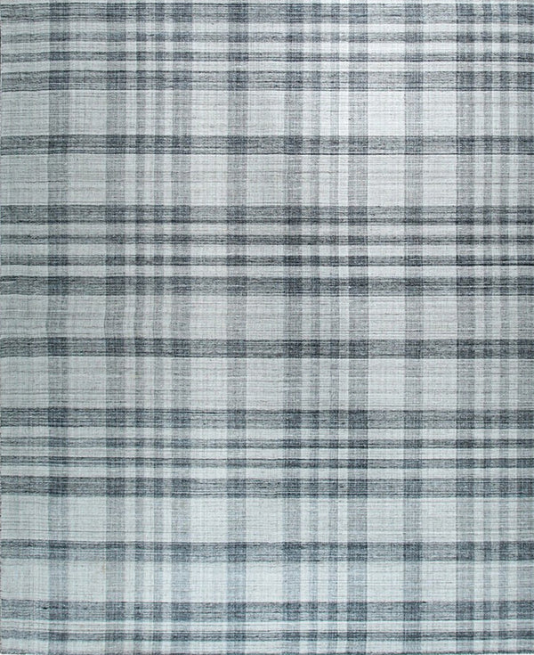 Hand-Woven Wool Gray Modern Plaid A gray plaid   Rug, Made in India