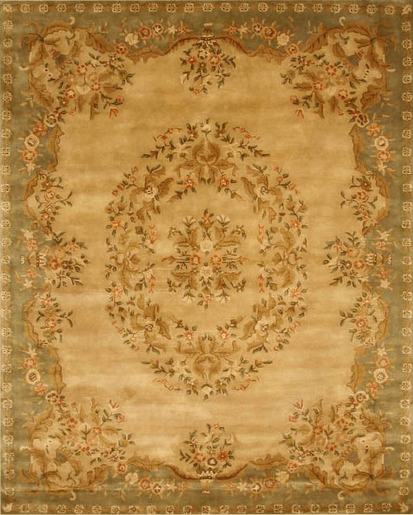Hand-Tufted Wool Gold Transitional Oriental Savonnerie Rug, Made in India