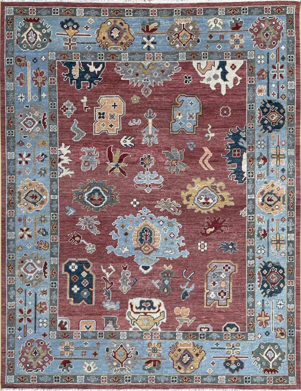 Hand Knotted Wool Rust / SKY BLUE Traditional Classic Colorful Mahal Classic Rug, Made in India