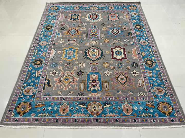 Hand Knotted Wool Gray / E.BLUE Traditional Classic Colorful Mahal Classic Rug