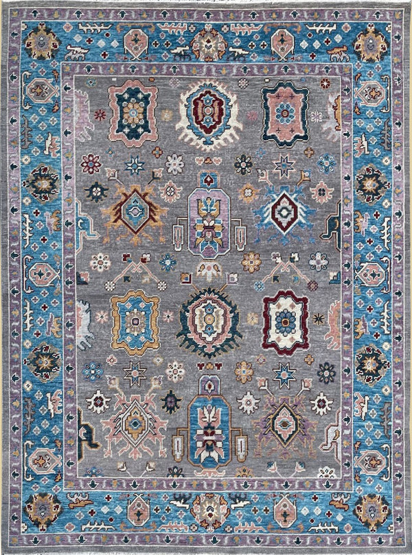 Hand Knotted Wool Gray / E.BLUE Traditional Classic Colorful Mahal Classic Rug, Made in India
