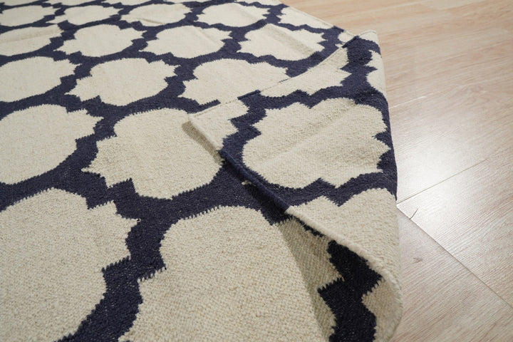 Hand-Knotted Wool Ivory / Royal Blue Modern Transitional Kilim flat Weave Rug