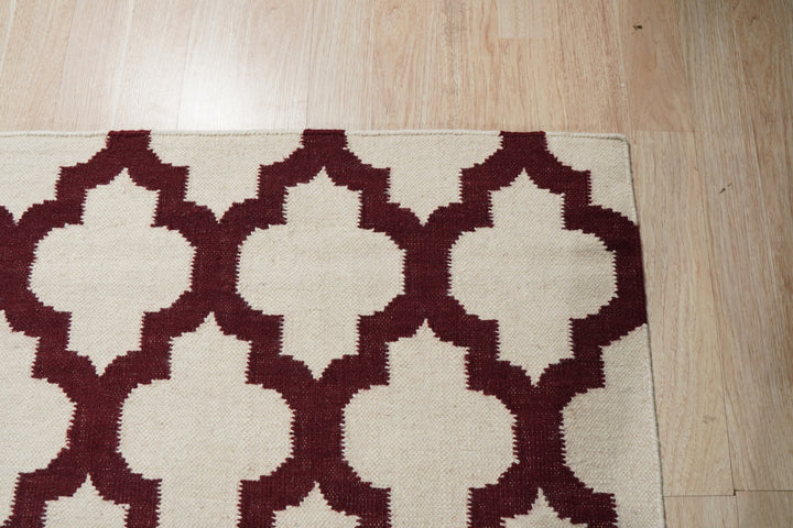 Hand-Knotted Wool Ivory / Red Modern Transitional Kilim flat Weave Rug